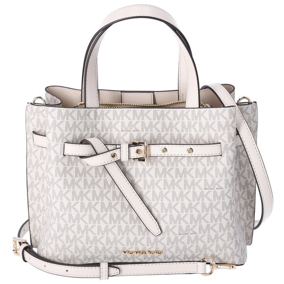 Michael Kors Emilia Small Satchel Crossbody Bag Light Cream MK Signature - Picture 1 of 5